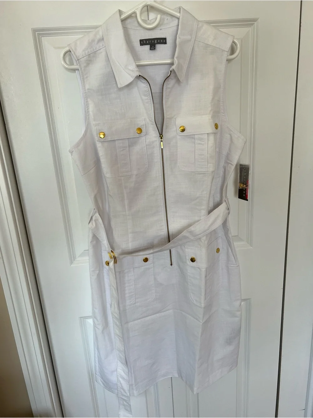 Sharagano White Sleeveless Zip-Front Midi Dress with Gold Hardware Size 14 - Picture 2 of 5